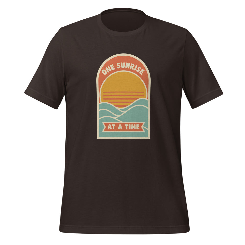 One Sunrise at a Time retro sunrise tee — Brown, front