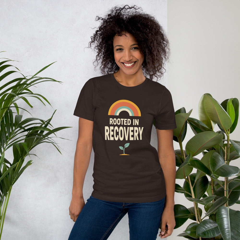 Rooted in Recovery retro rainbow tee — Brown, on model