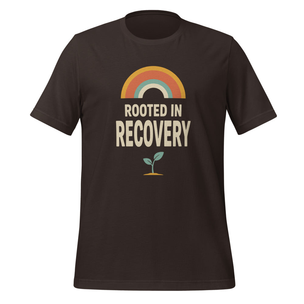 Rooted in Recovery retro rainbow tee — Brown, front