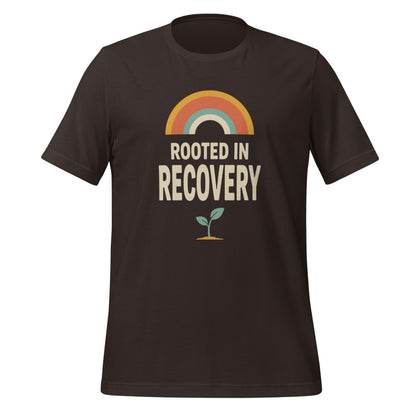 Rooted in Recovery retro rainbow tee — Brown, front