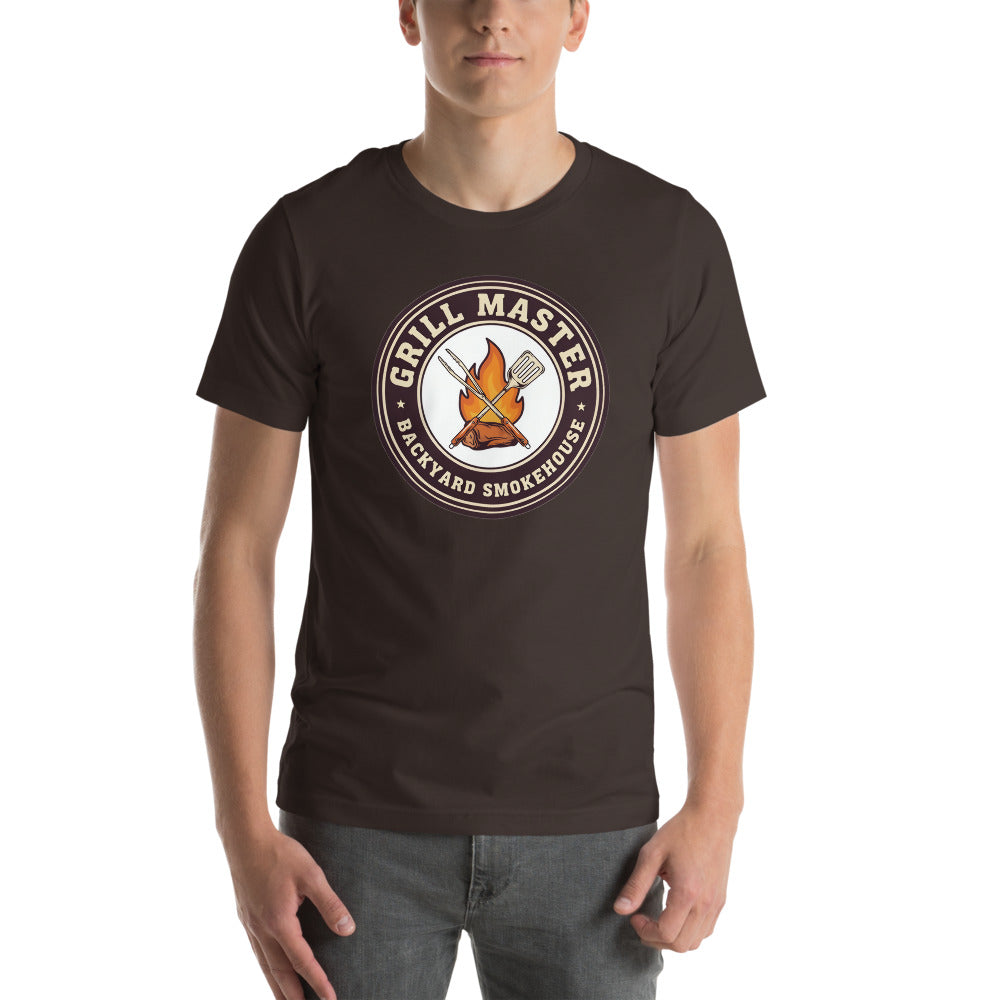 Grill Master retro backyard smokehouse tee — Brown, on model