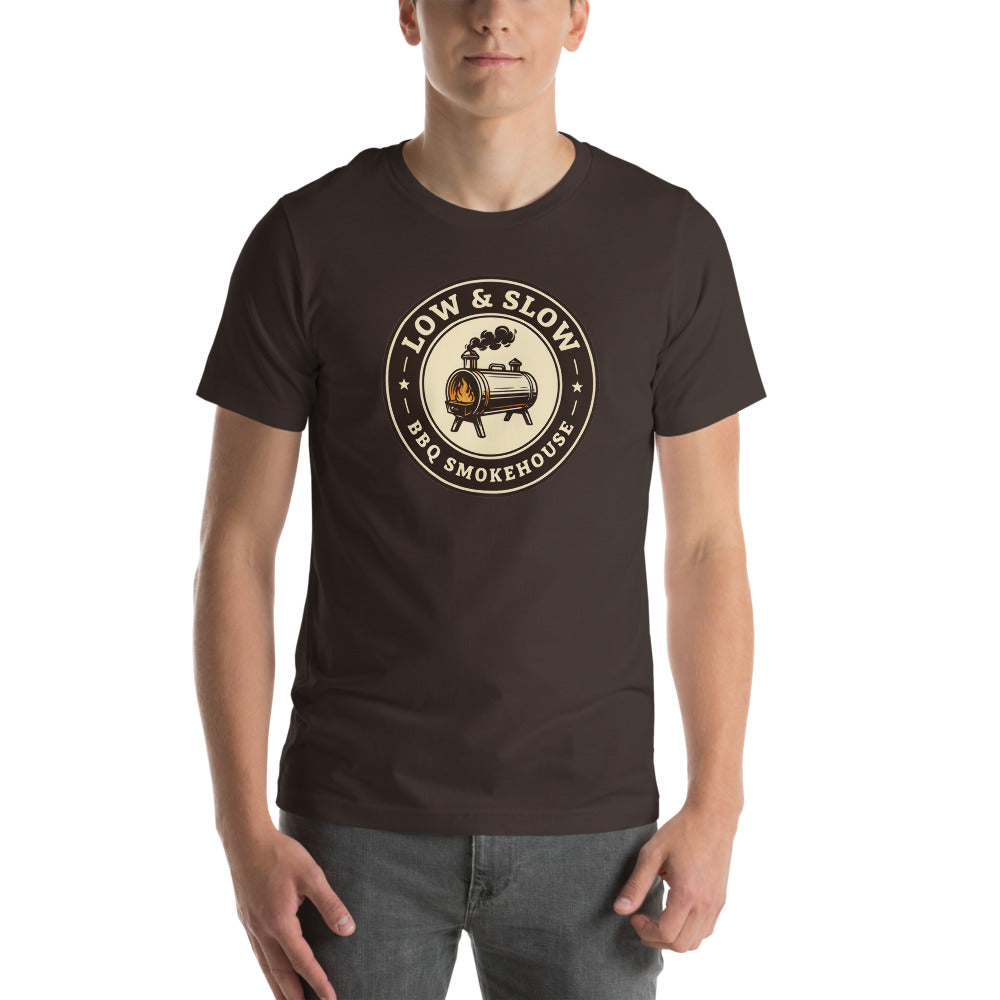 Low & Slow BBQ smoker tee — Brown, on model