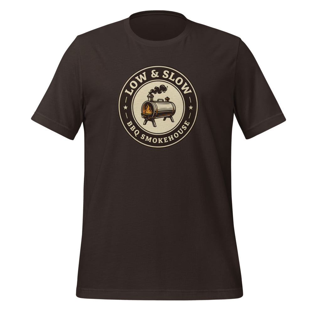 Low & Slow BBQ smoker tee — Brown, front
