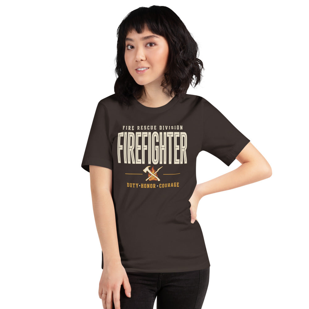 Firefighter collegiate wordmark retro fire-rescue tee — Brown, on model