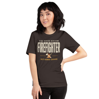 Firefighter collegiate wordmark retro fire-rescue tee — Brown, on model