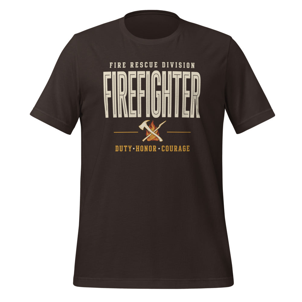 Firefighter collegiate wordmark retro fire-rescue tee — Brown, front