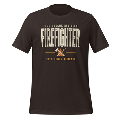Firefighter collegiate wordmark retro fire-rescue tee — Brown, front