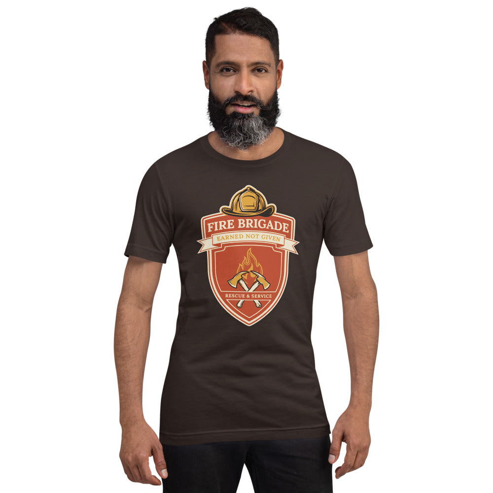 Fire Brigade Earned Not Given retro firefighter shield emblem tee — Brown, on model