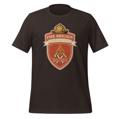 Fire Brigade Earned Not Given retro firefighter shield emblem tee — Brown, front