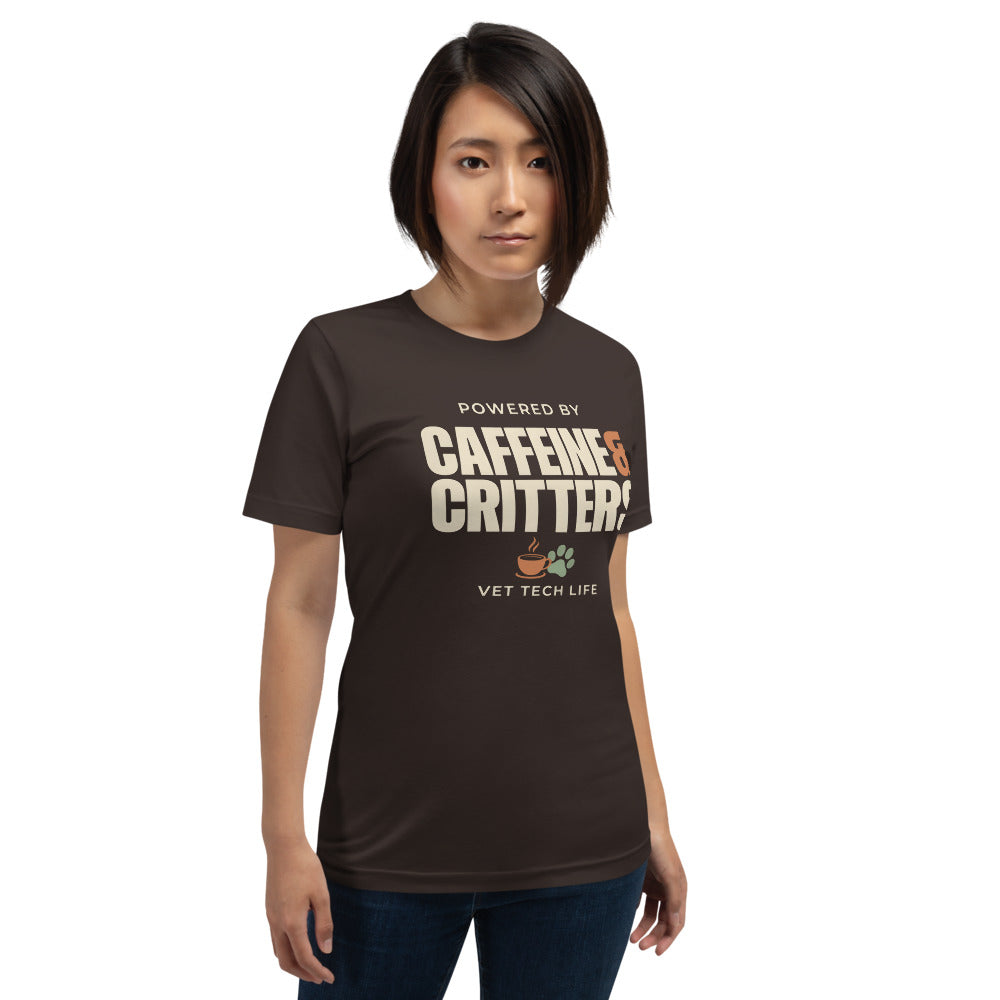 Powered by Caffeine & Critters funny vet tech tee — Brown, on model