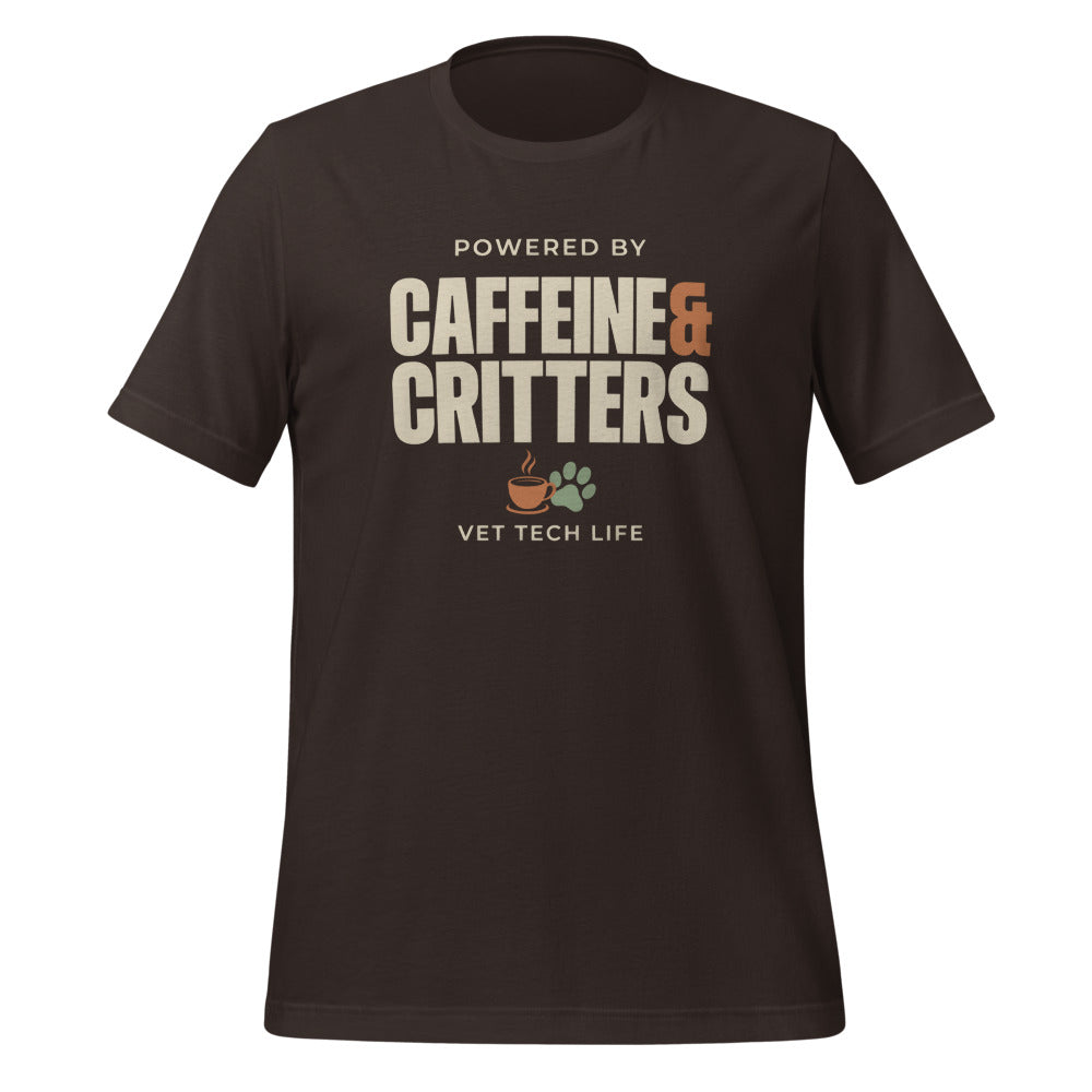 Powered by Caffeine & Critters funny vet tech tee — Brown, front