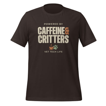 Powered by Caffeine & Critters funny vet tech tee — Brown, front