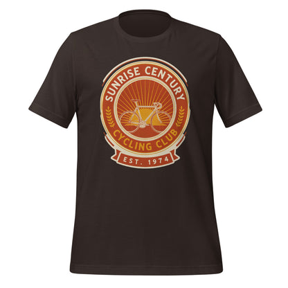 Sunrise Century C.C. retro cycling club badge t-shirt — Brown, front