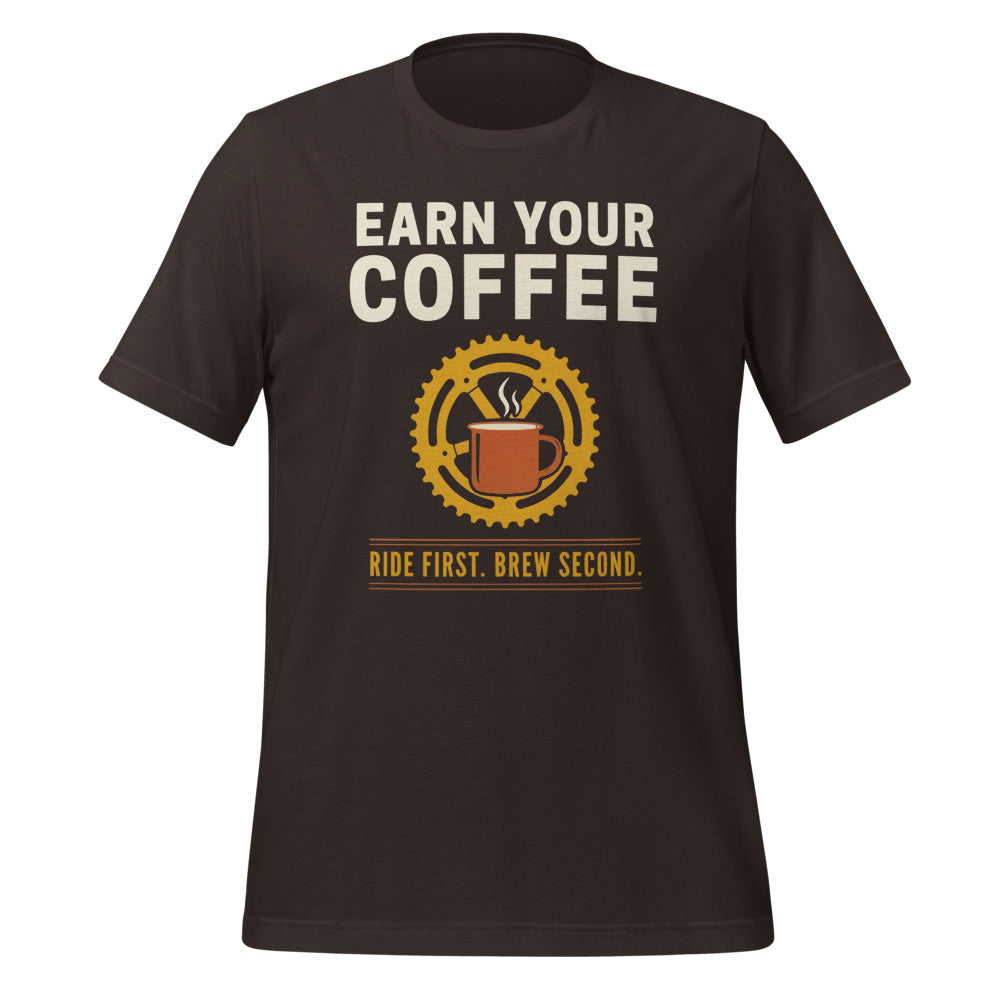 Earn Your Coffee retro cycling coffee t-shirt — Brown, front