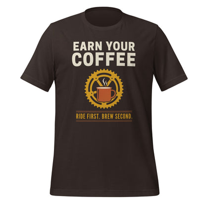 Earn Your Coffee retro cycling coffee t-shirt — Brown, front