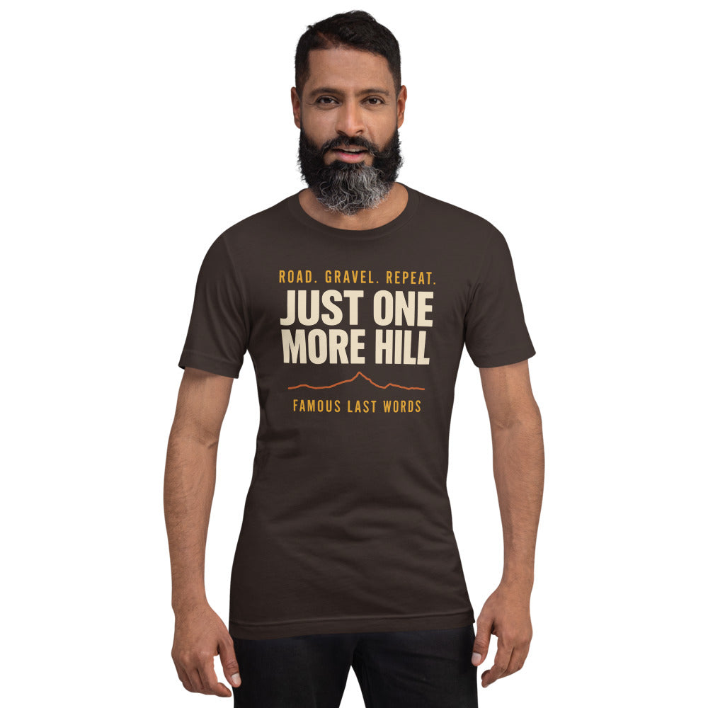 Just One More Hill retro cycling climb t-shirt — Brown, on model