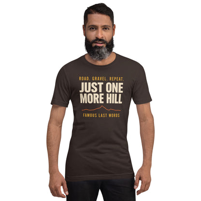 Just One More Hill retro cycling climb t-shirt — Brown, on model