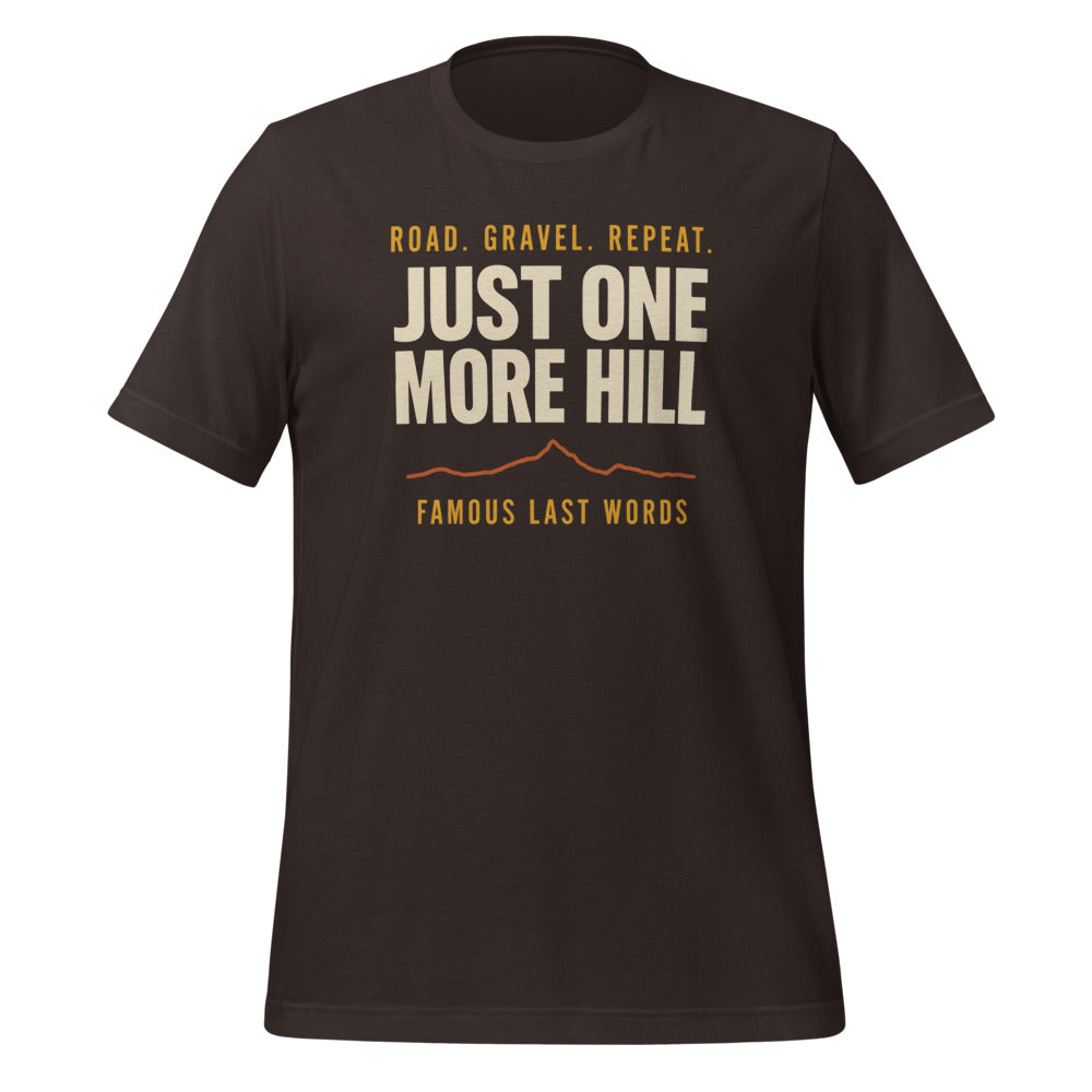 Just One More Hill retro cycling climb t-shirt — Brown, front