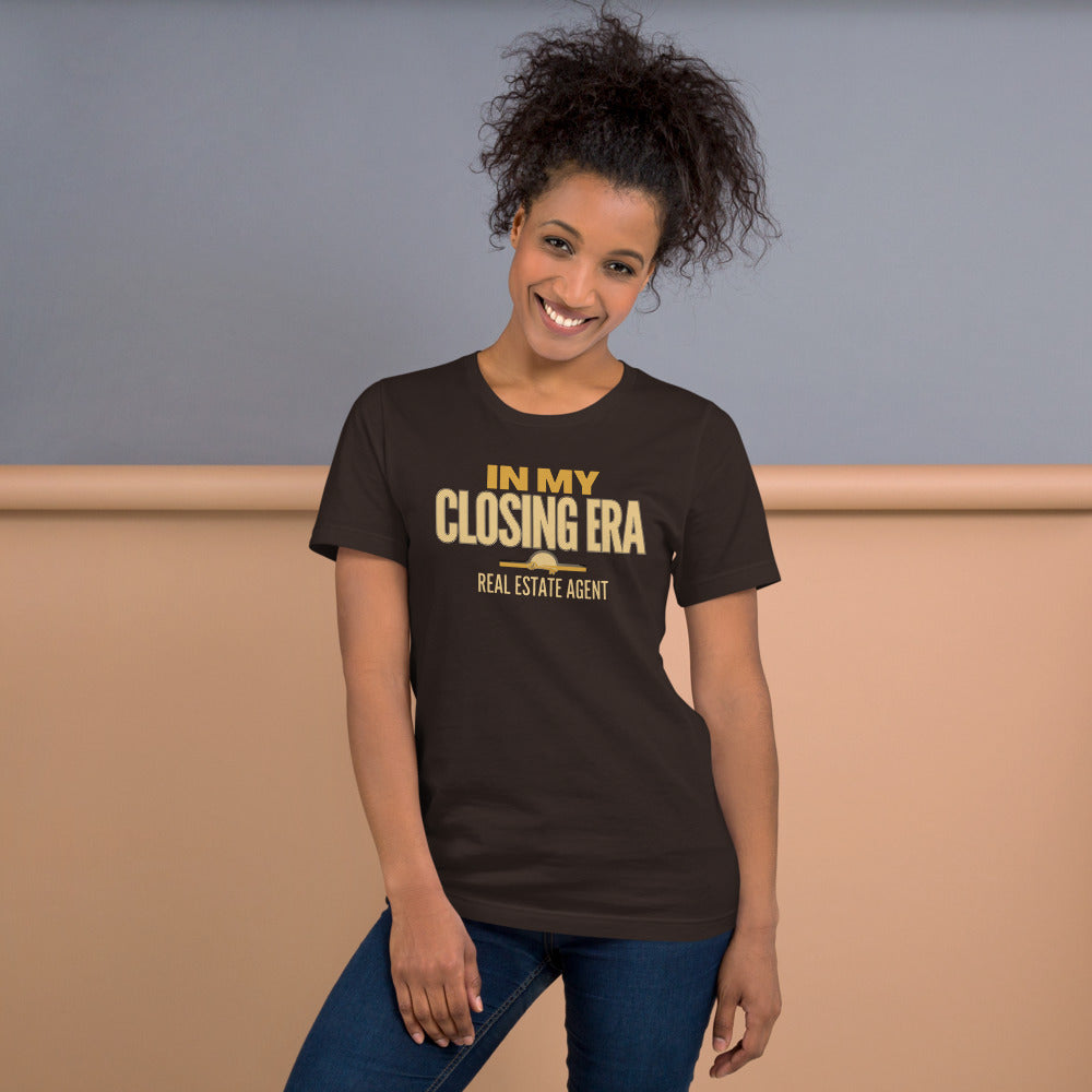 In My Closing Era real estate agent tee — Brown, on model