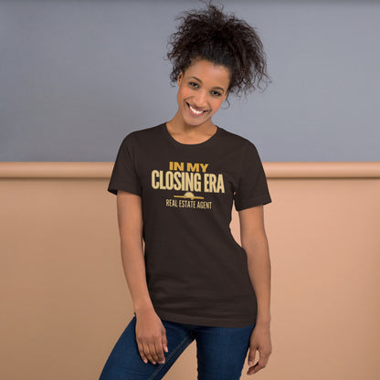 In My Closing Era real estate agent tee — Brown, on model