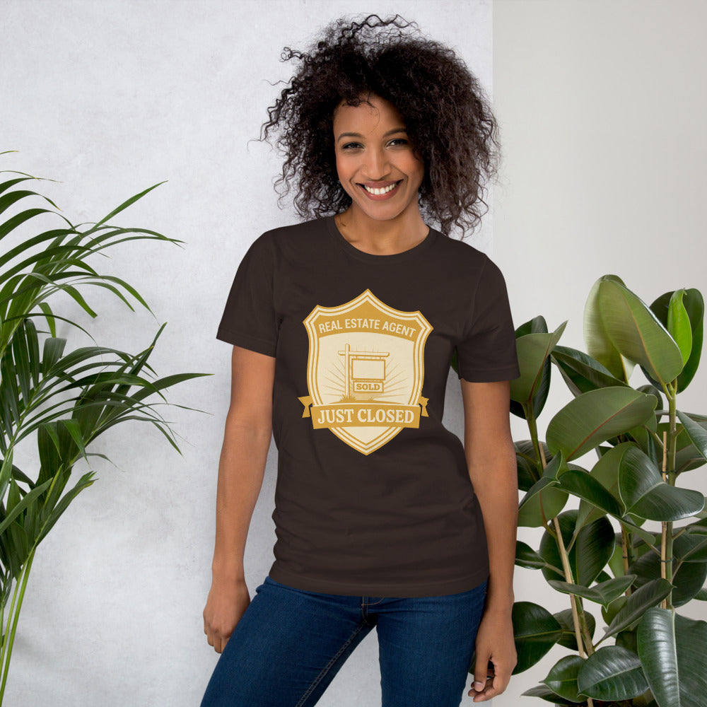 Just Closed real estate agent tee — Brown, on model