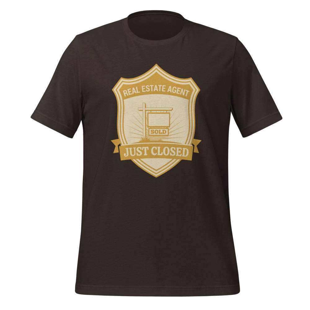 Just Closed real estate agent tee — Brown, front