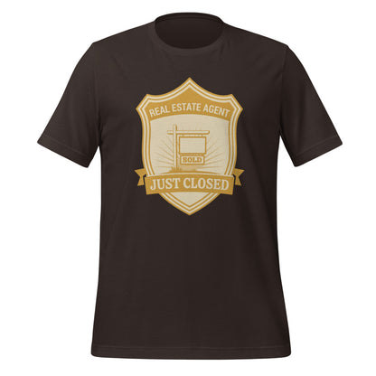 Just Closed real estate agent tee — Brown, front