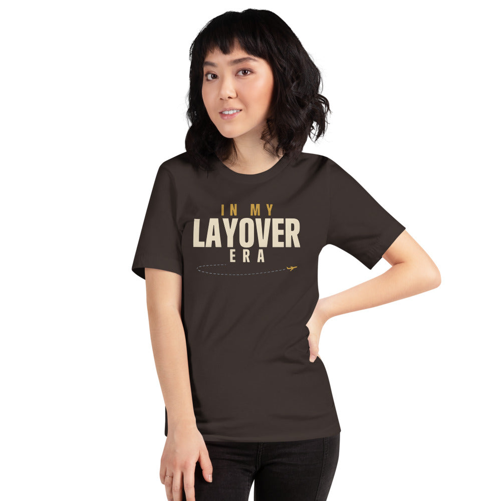In My Layover Era flight attendant tee — Brown, on model