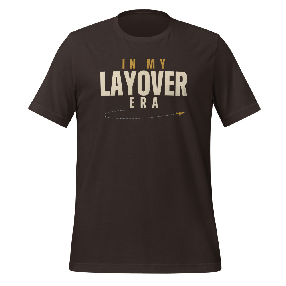In My Layover Era flight attendant tee — Brown, front