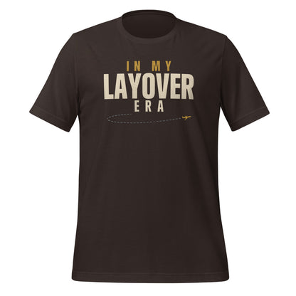 In My Layover Era flight attendant tee — Brown, front