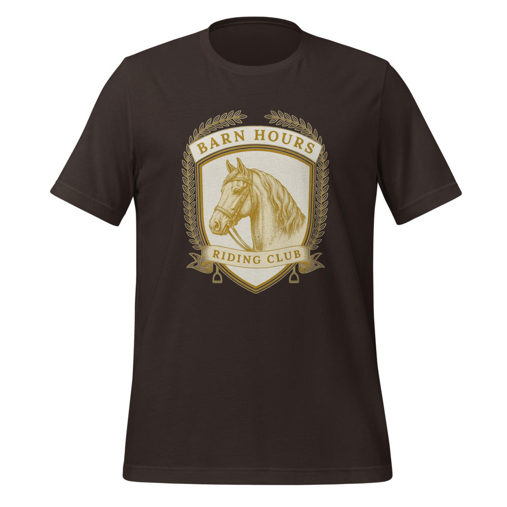 Barn Hours Riding Club vintage equestrian stable crest t-shirt — Brown, front