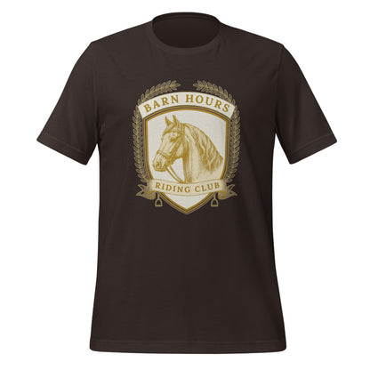 Barn Hours Riding Club vintage equestrian stable crest t-shirt — Brown, front