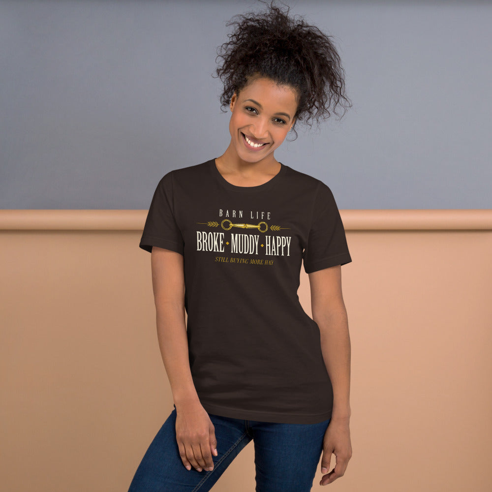 Broke Muddy Happy funny barn life equestrian t-shirt — Brown, on model