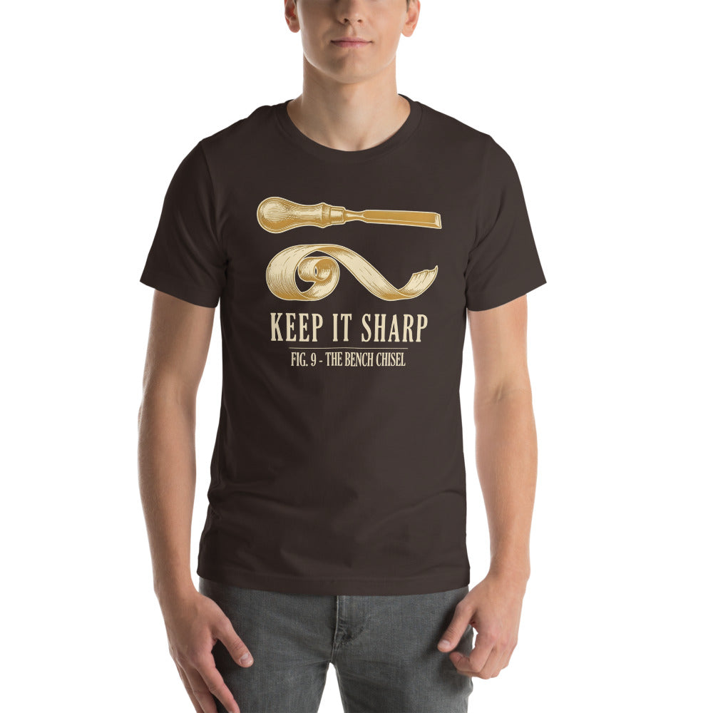 Keep It Sharp woodworking tee — Brown, on model