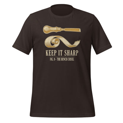 Keep It Sharp woodworking tee — Brown, front