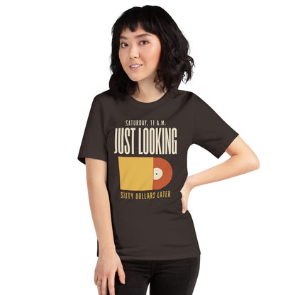 Just Looking Sixty Dollars Later vinyl record tee — Brown, on model