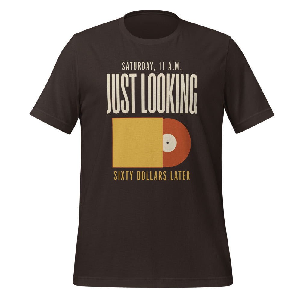 Just Looking Sixty Dollars Later vinyl record tee — Brown, front