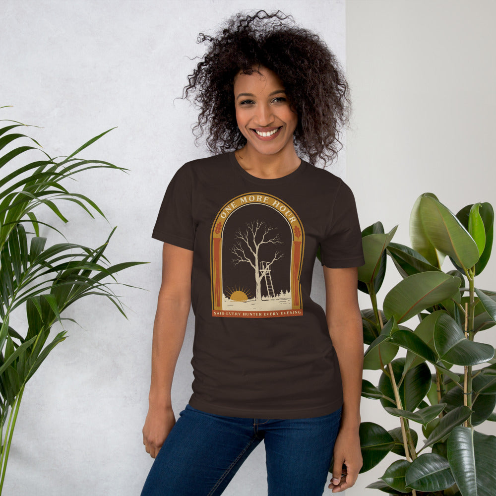 One More Hour funny deer hunting tee — Brown, on model