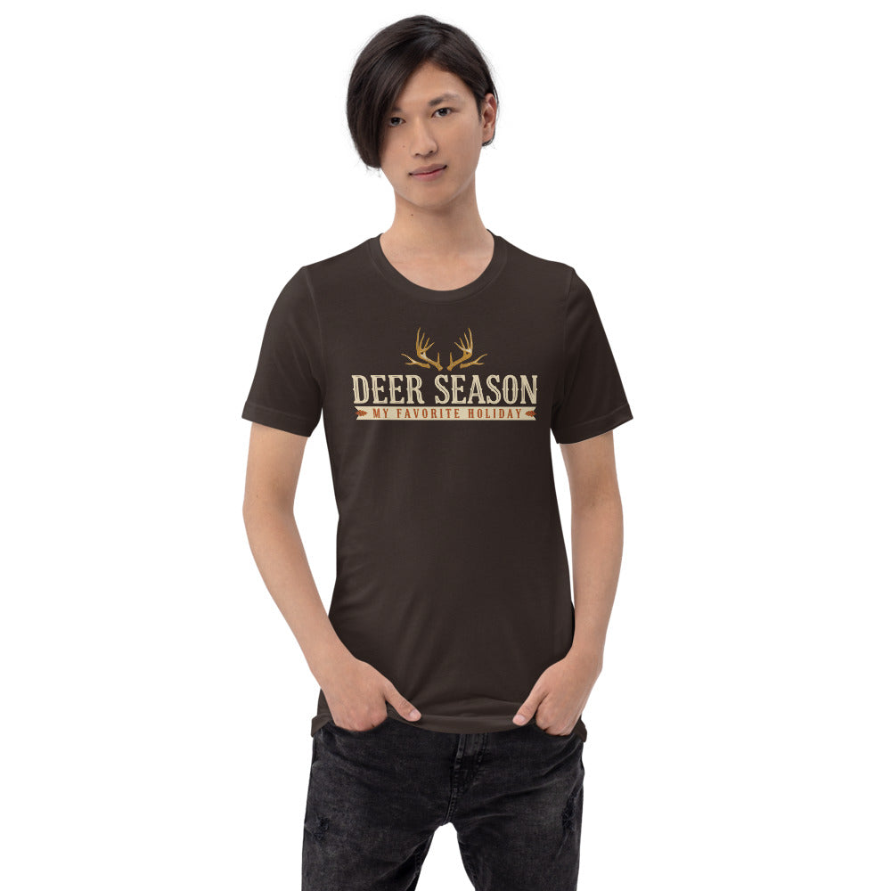 Deer Season My Favorite Holiday deer hunting tee — Brown, on model