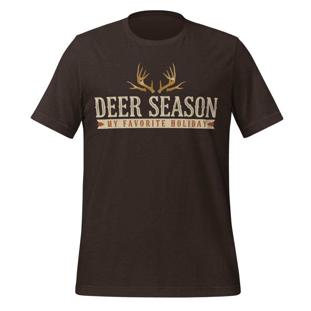 Deer Season My Favorite Holiday deer hunting tee — Brown, front