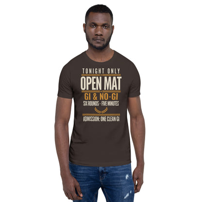 Open Mat Tonight Brazilian jiu jitsu t-shirt — Brown, on model