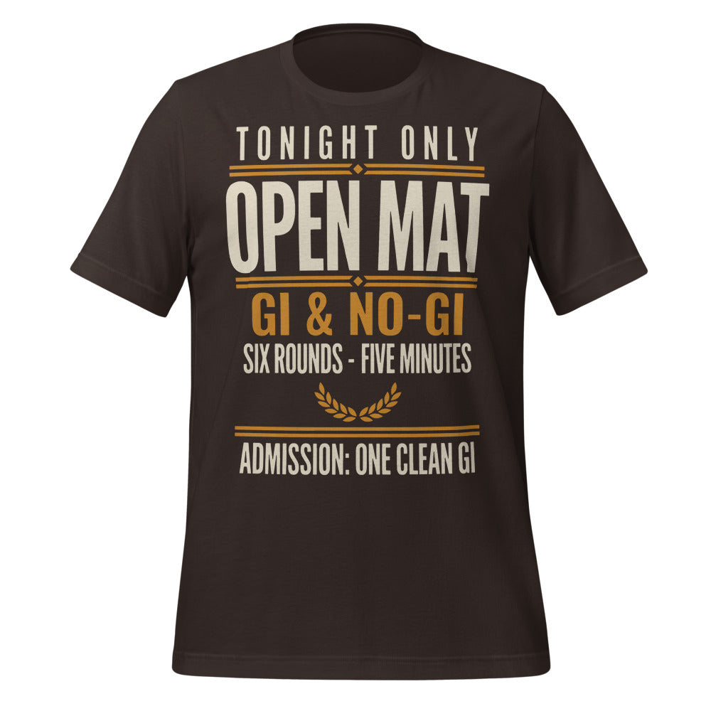 Open Mat Tonight Brazilian jiu jitsu t-shirt — Brown, front