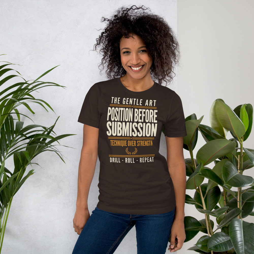 Position Before Submission Brazilian jiu jitsu t-shirt — Brown, on model
