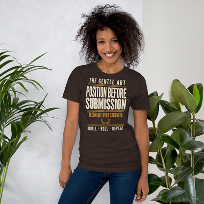 Position Before Submission Brazilian jiu jitsu t-shirt — Brown, on model