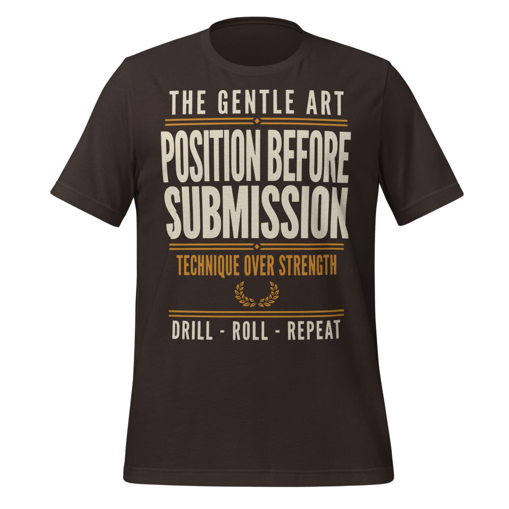 Position Before Submission Brazilian jiu jitsu t-shirt — Brown, front