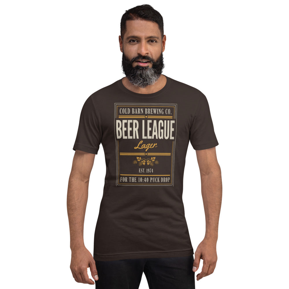 Beer League Cold Barn Brewing lager t-shirt — Brown, on model