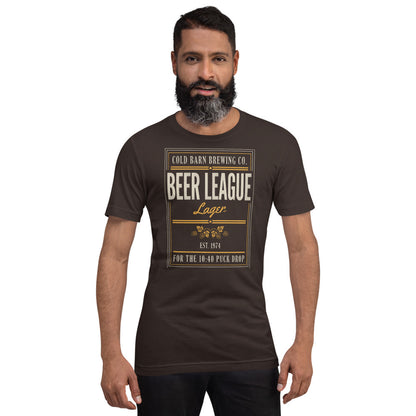 Beer League Cold Barn Brewing lager t-shirt — Brown, on model