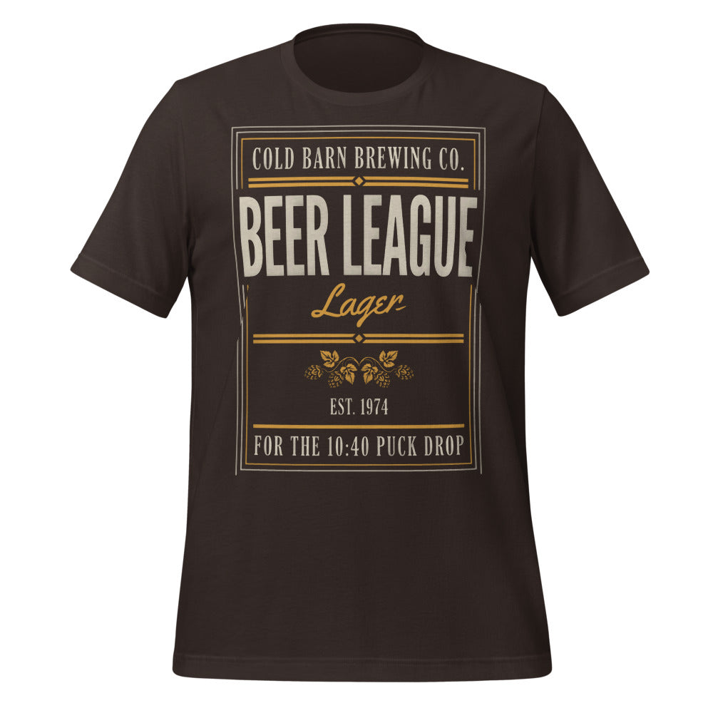 Beer League Cold Barn Brewing lager t-shirt — Brown, front