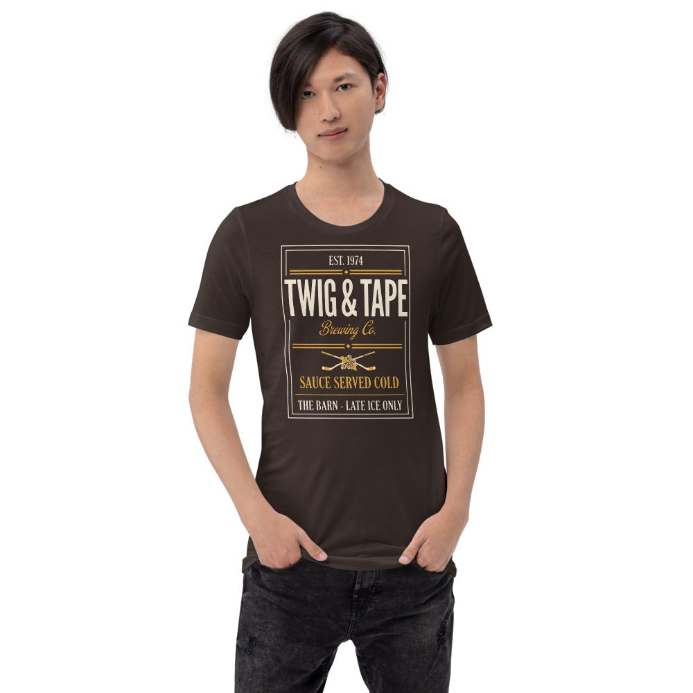 Twig and Tape Brewing Co. beer league hockey t-shirt — Brown, on model