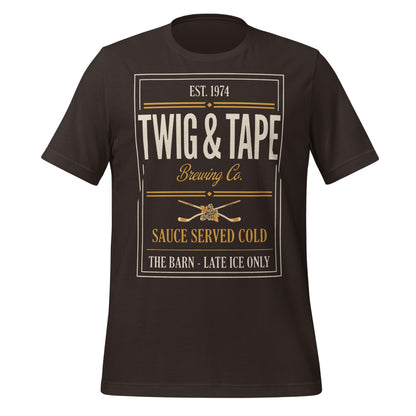 Twig and Tape Brewing Co. beer league hockey t-shirt — Brown, front